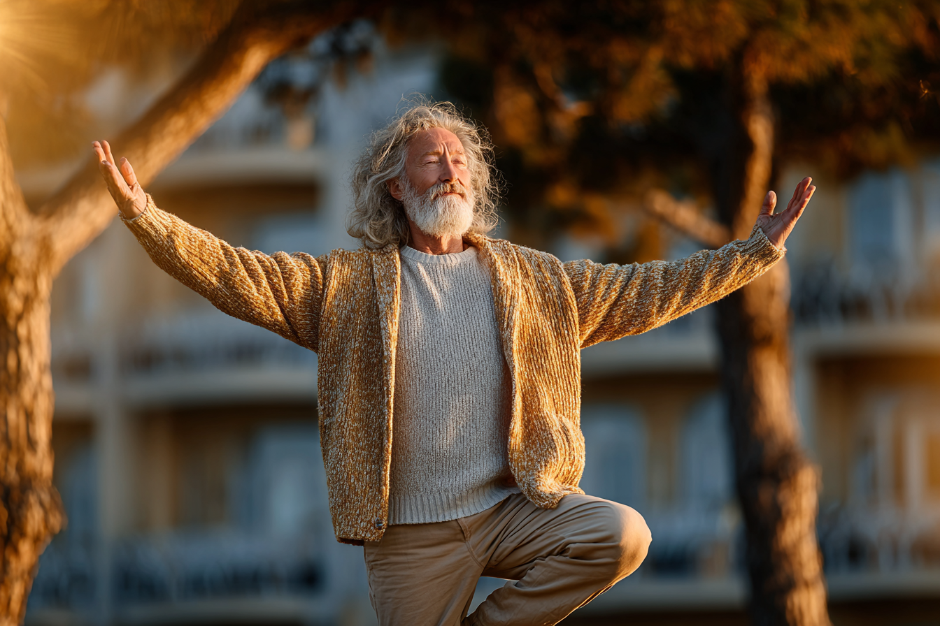 Группа старших людей занимается йогой в парке